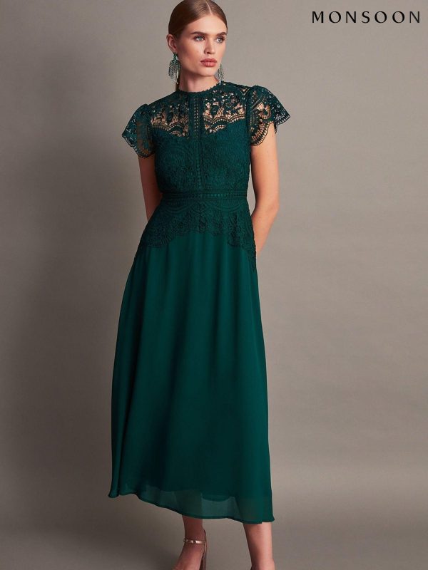 Monsoon Green Monica Lace Midi Dress