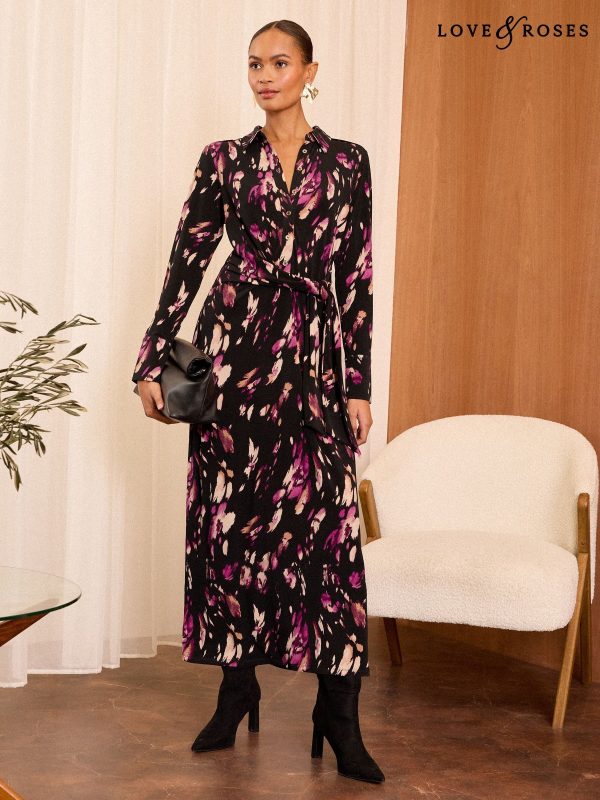 Love & Roses Black Tie Midi Shirt Dress