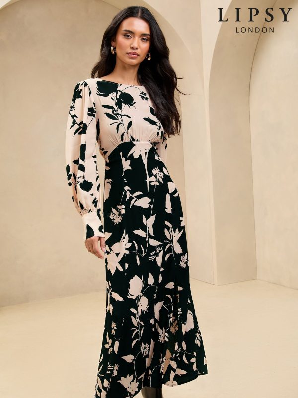 Lipsy Black/White Long Sleeve Split Detail Midi Dress