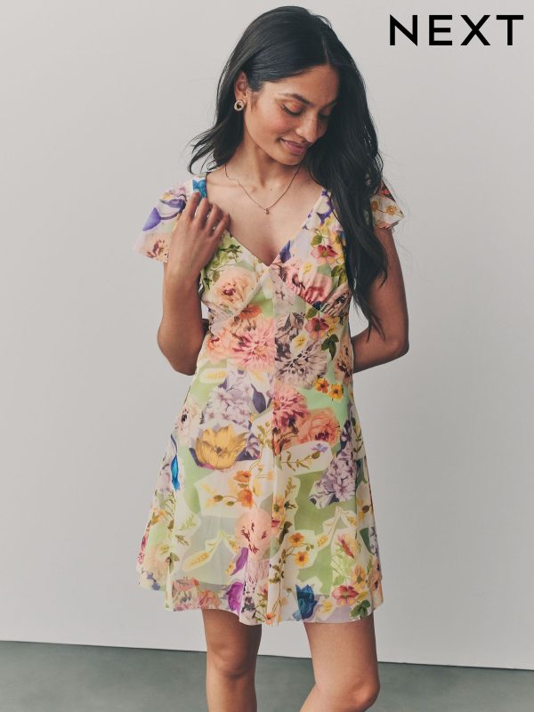 Multicoloured Floral Print Boho Mesh V-Neck Flutter Sleeve Mini Dress