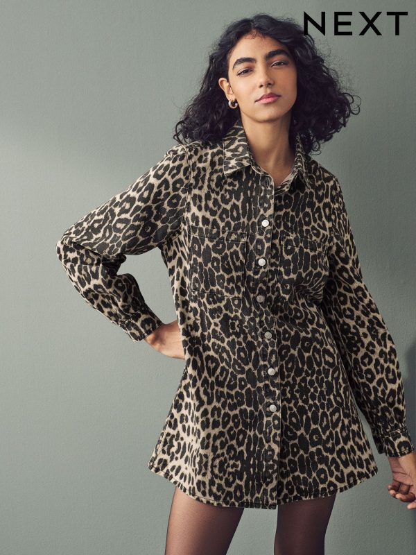 Leopard Print Button Down Mini Denim 100% Cotton Dress