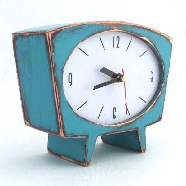 Turquoise Wooden Desk Clock, Wooden Standing Clock, Vintage Style, Back To School, Tabletop Clock Turquoise, Gift for Mom