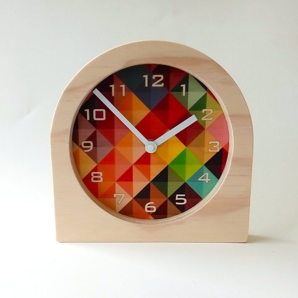 Grid2 Wooden Desk Clock with Numbers. Unique colourful mid century modern silent analog mantle clock for the kitchen, living room or bedroom